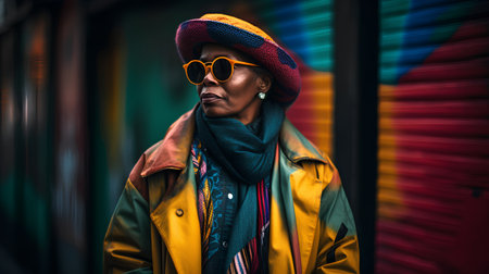 Stylish african american man in yellow coat, hat and sunglasses on the street.の素材