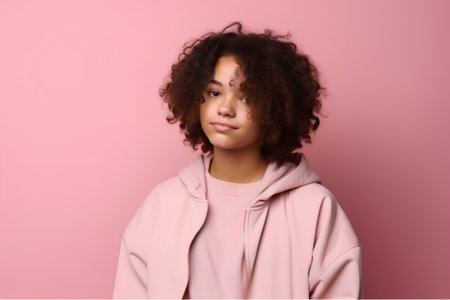 Young african american girl in pink hoodie on pink backgroundの素材