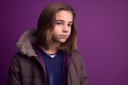 Portrait of a teenage girl in a winter jacket on a purple backgroundの素材