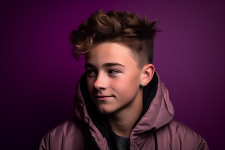 Teenage boy in a warm jacket on a dark purple background.の素材