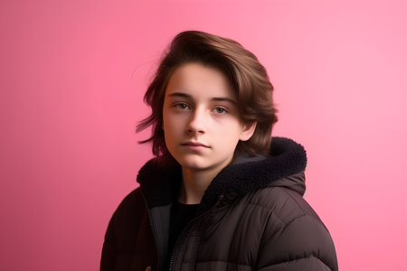 Portrait of a beautiful young woman in winter jacket on pink backgroundの素材