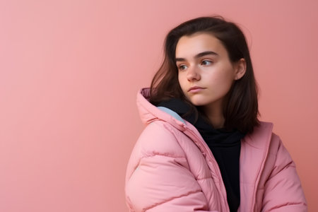 Portrait of a beautiful girl in a pink jacket on a pink backgroundの素材