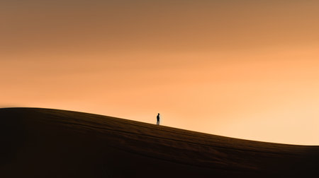 Silhouette of a man standing on top of sand duneの素材