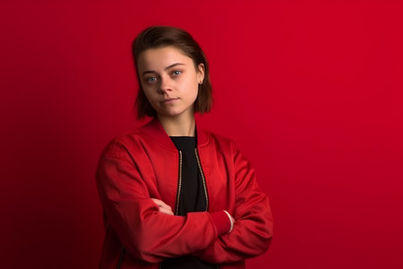 Young girl in a red jacket on a red background. Studio shot.の素材