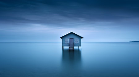 beach hut at night with reflection in water. 3d renderの素材
