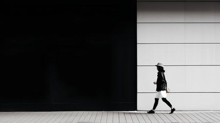 Fashionable woman in black coat and hat walking in the cityの素材