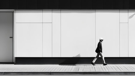 Man walking in front of a white wall. Black and white.の素材