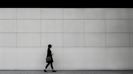 Silhouette of a woman walking in front of a white wallの素材