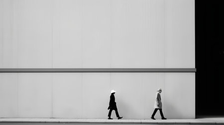 Business man and woman walking in front of a wall, black and whiteの素材