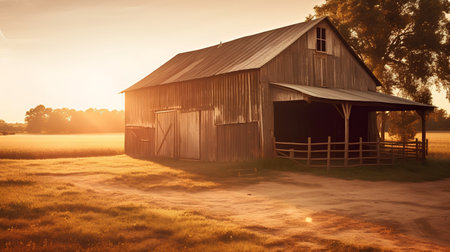 Old barn on the field at sunset. Filtered image processed vintage effect.の素材