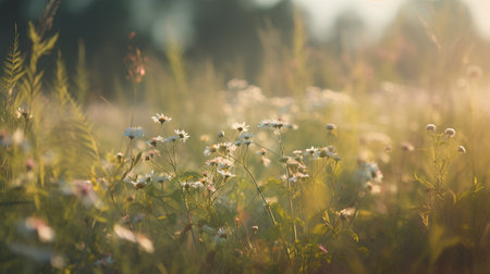 Wild flowers in the meadow at sunset. Beautiful summer landscape.の素材