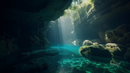 Underwater view of beautiful waterfall in the middle of a dark caveの素材