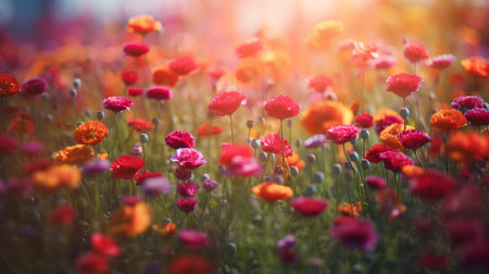 Field of blooming poppies on sunset. Soft focus.の素材