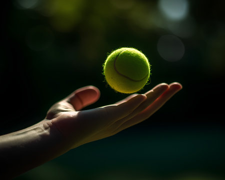 Tennis ball in the hand of a man on a green backgroundの素材