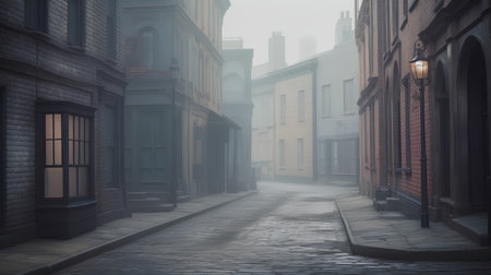 Old town street in a foggy day. 3d rendering.の素材