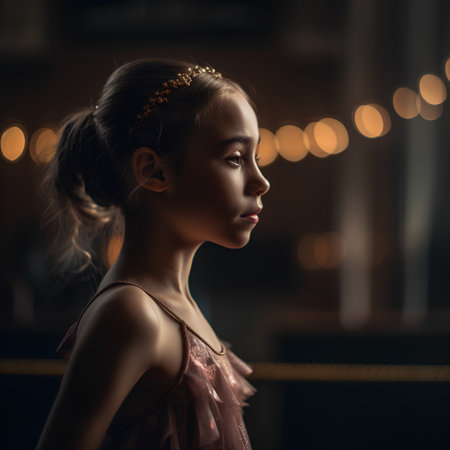 Portrait of a beautiful little girl in a pink dress in a dark roomの素材