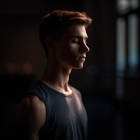 Portrait of a young man in a black T-shirt on a dark backgroundの素材