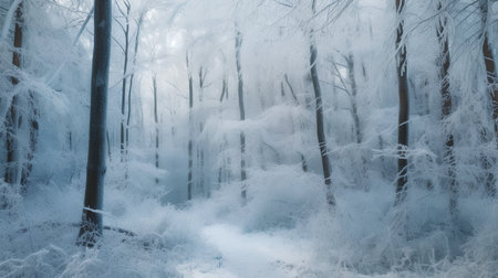 Winter forest with trees covered with hoarfrost. Beautiful winter landscapeの素材