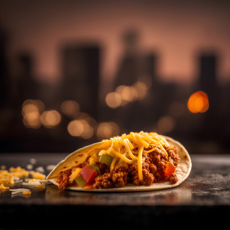 Mexican tacos with meat and vegetables on a black background. Selective focus.の素材