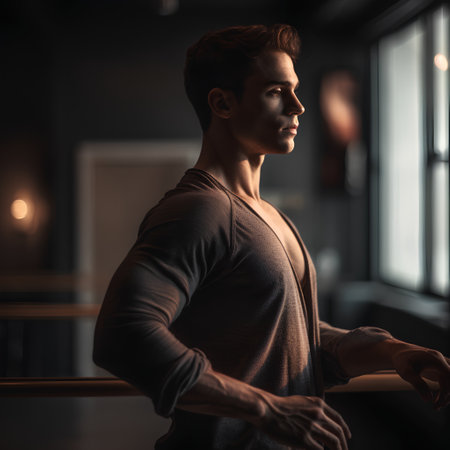 Athletic young man looking away while leaning on barreの素材