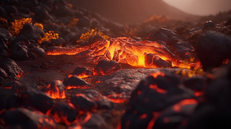 volcanic eruption at sunset, magma in the background.の素材