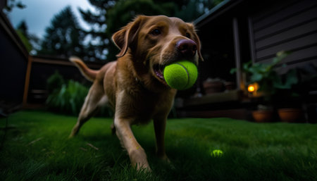 Labrador Retriever playing with a tennis ball in the gardenの素材