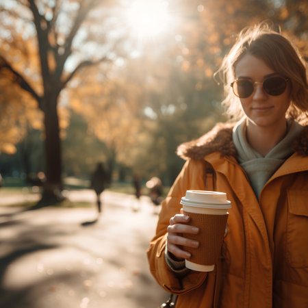 Young woman with a cup of coffee in the park on a sunny autumn dayの素材