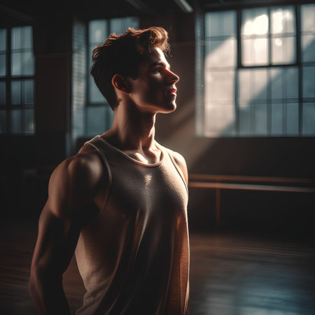 Handsome young man in sportswear looking away while standing in gymの素材