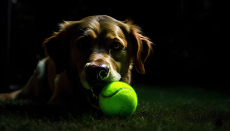 dog playing with a tennis ball on the green grass in the darkの素材
