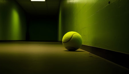 Tennis ball on a tennis court in a dark room with green lightの素材