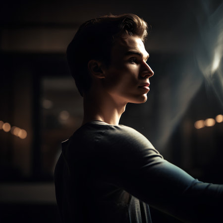 Portrait of a handsome young man in a dark room with lights.の素材