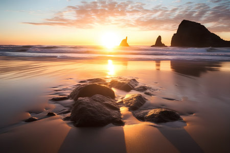 Beautiful sunset at Reynisfjara Beach, Vik, Icelandの素材