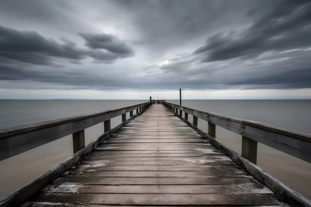 Wooden pier leading into the sea, dramatic sky with dark cloudsの素材