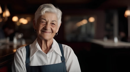 Portrait of a senior woman standing in a restaurant smiling at the cameraの素材