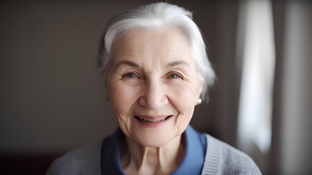 Portrait of smiling senior woman looking at camera at home, closeupの素材