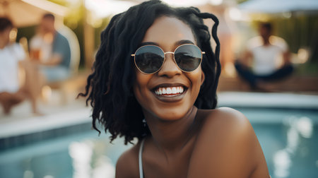 Closeup portrait of a beautiful young african american woman in sunglasses at the swimming pool.の素材