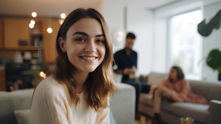 Portrait of beautiful young woman looking at camera and smiling while sitting in cafeの素材