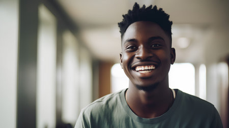 Portrait of young african american man smiling in gym.の素材