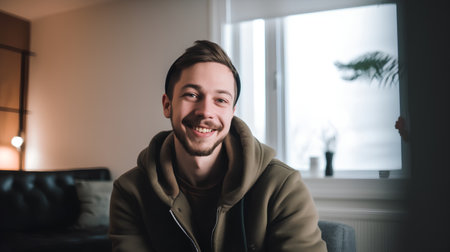 Portrait of a smiling young man in a green sweatshirt.の素材
