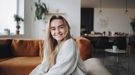 Portrait of a smiling young woman sitting on a sofa at homeの素材