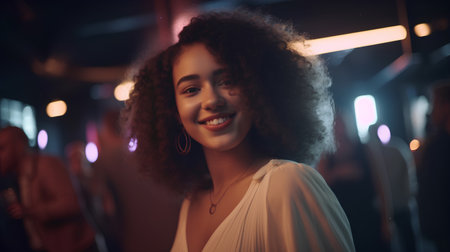 Young african american woman with curly hair in night club.の素材