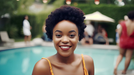 Portrait of beautiful young african american woman in swimming poolの素材