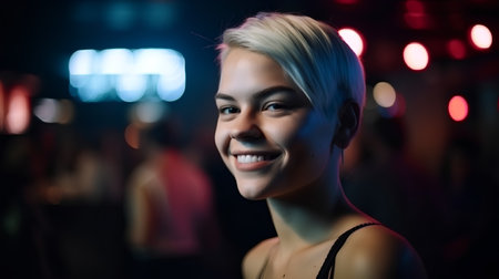 Portrait of a beautiful young woman in a night club with lights onの素材