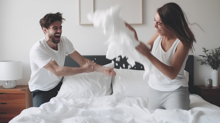 Young couple fighting with pillows in bed at home. Focus on manの素材