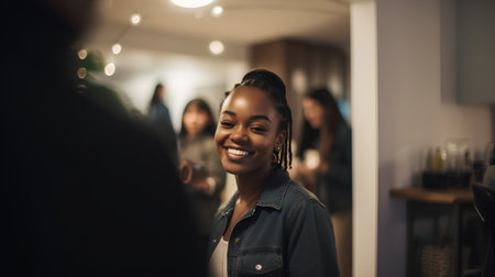 Beautiful african american woman smiling and looking at camera in beauty salon.の素材