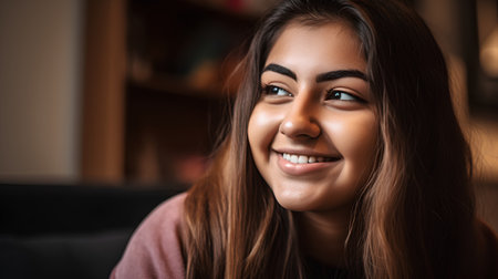 Portrait of a beautiful young woman sitting in a cafe and smilingの素材