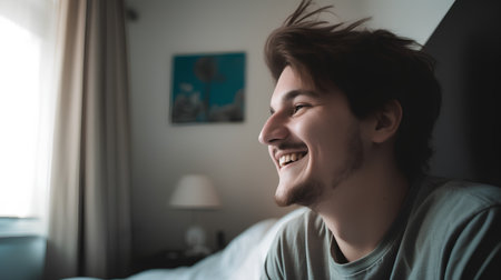 Portrait of a handsome young man smiling while lying in bed.の素材