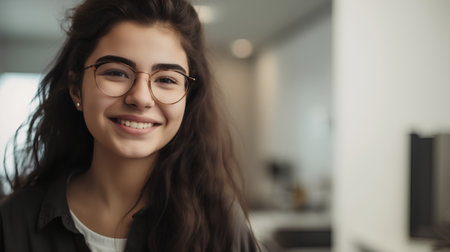 Portrait of a beautiful young woman in eyeglasses smiling at the cameraの素材
