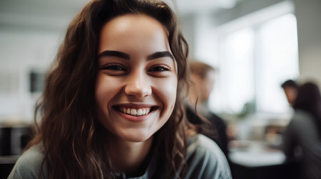 Portrait of a beautiful young woman smiling while sitting in a cafeの素材