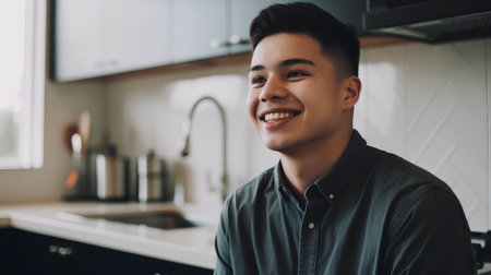 Portrait of a young asian man smiling in the kitchen.の素材